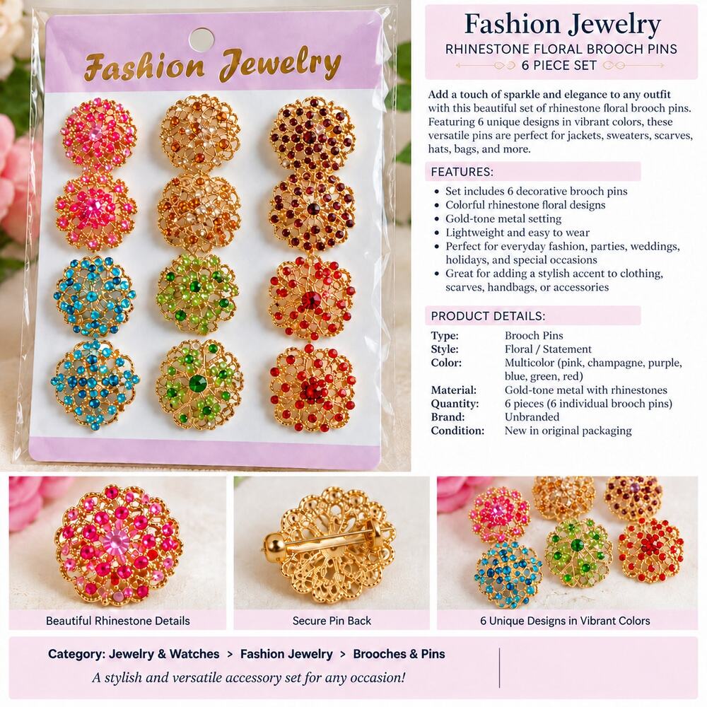 12 Pcs Multicolor Rhinestone Floral Brooch Pins Gold Tone Vintage Style Jewelry